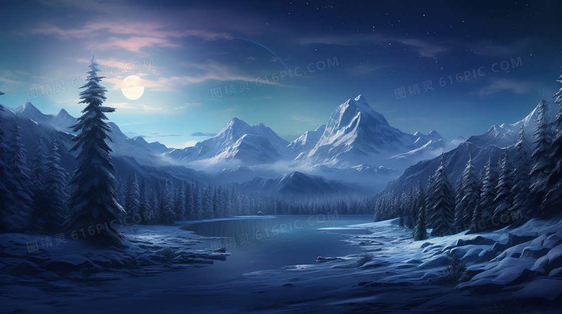 唯美冬天星空下的雪景风景图片