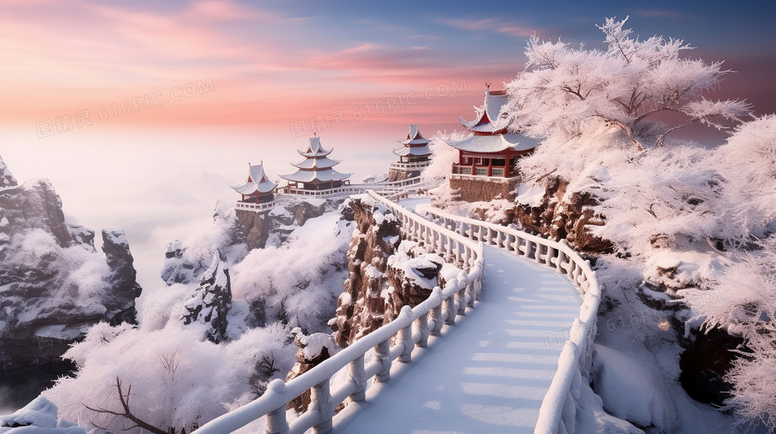 唯美冬天山顶雪景风景图片