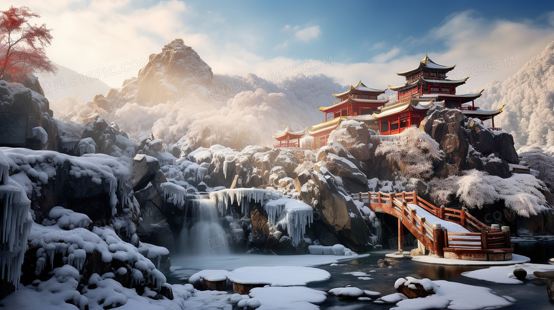 唯美冬天山顶雪景风景图片