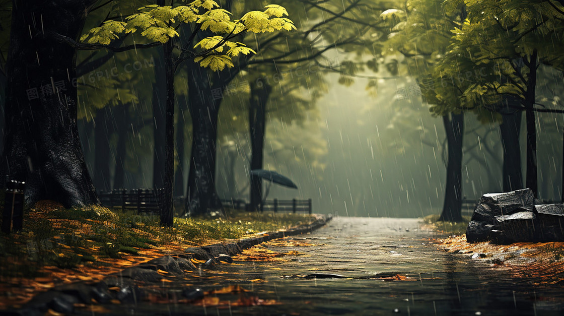 雨天枫林中的步道图片