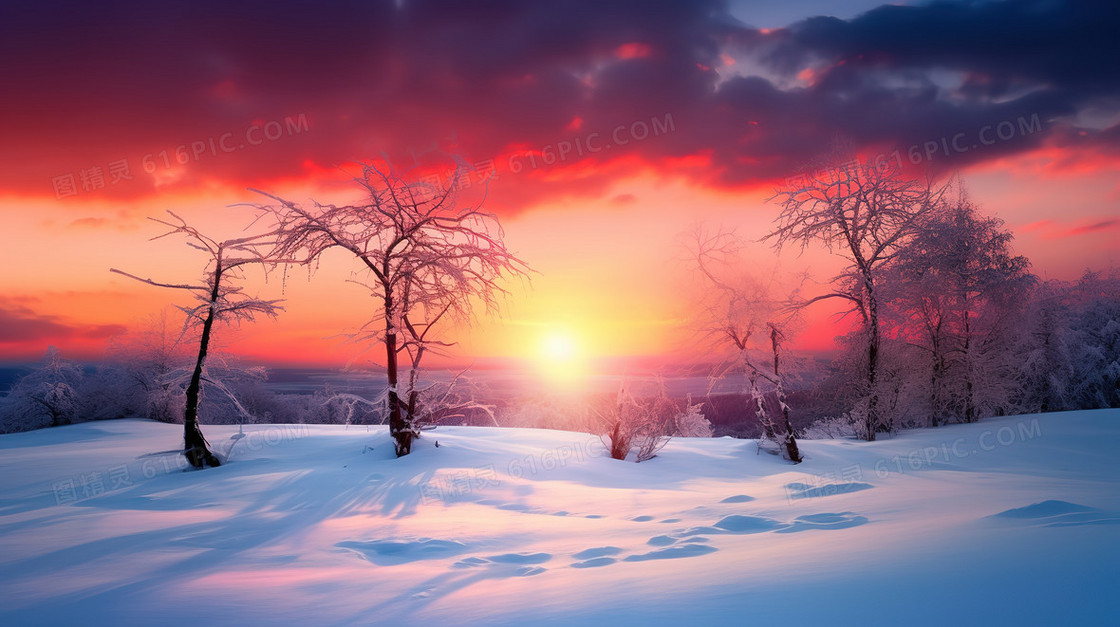 橘色冬季山林日出唯美雪景图片