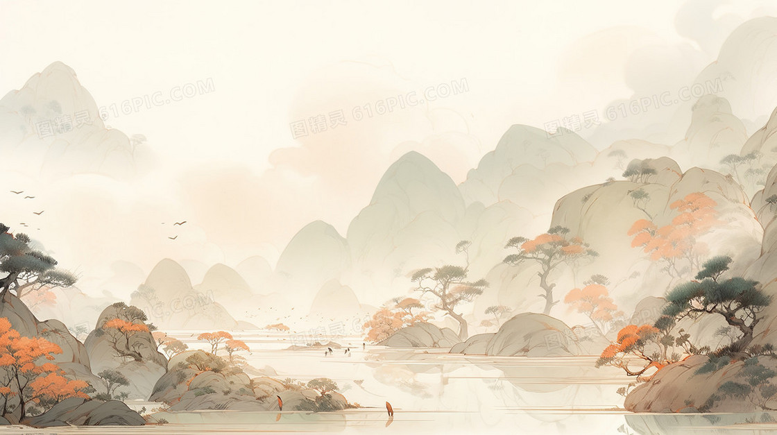 中国风水墨山水风景插画
