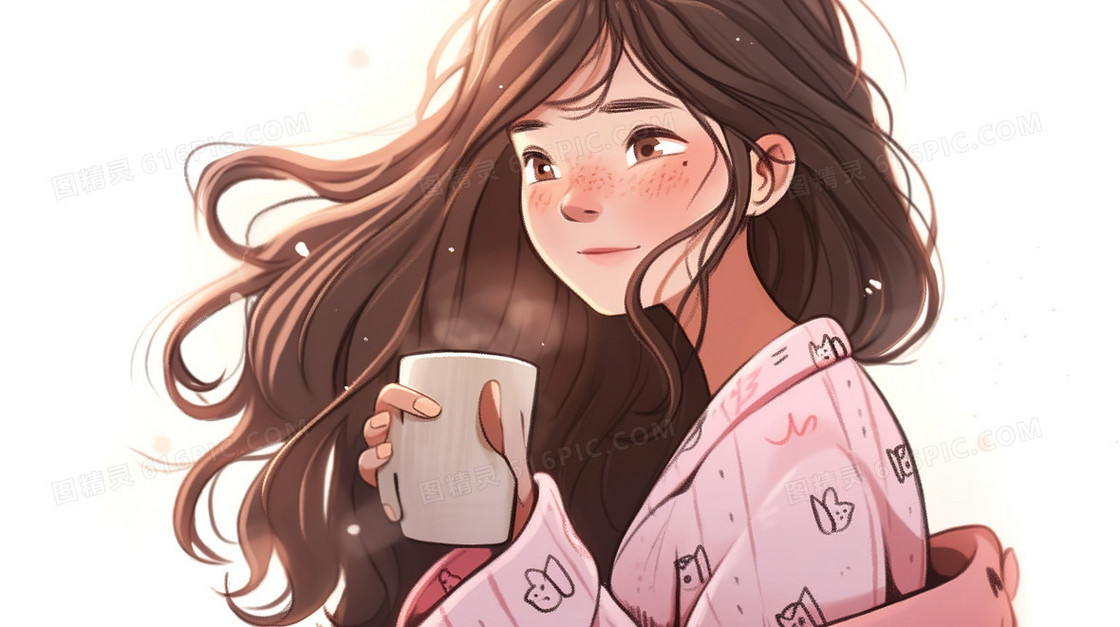 享用热咖啡的长发女孩插画