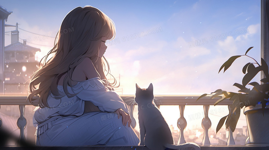 窗边和猫咪看风景的女孩插画