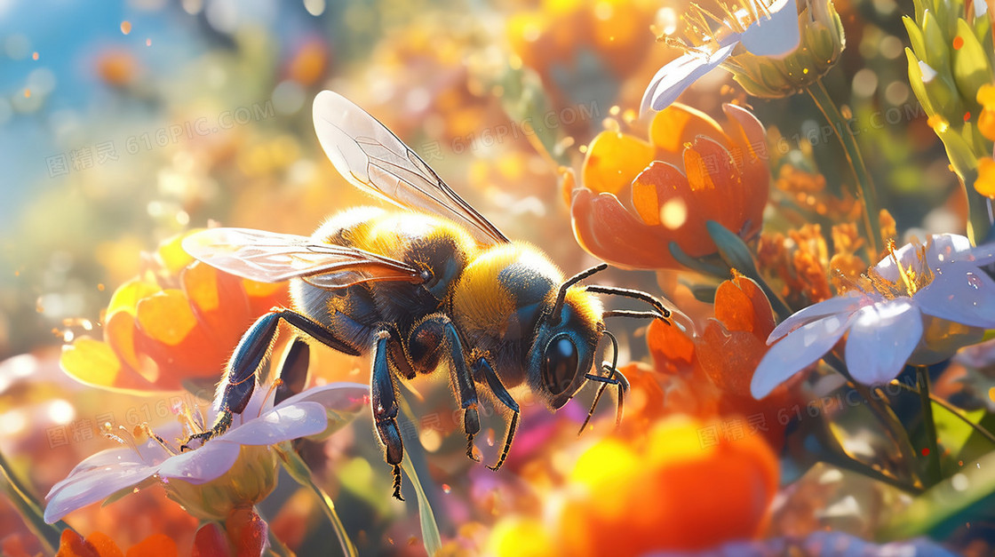 阳光花丛中采蜜的蜜蜂创意图片