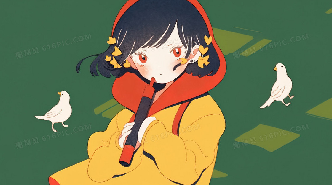拿竹笛乐器的女孩插画