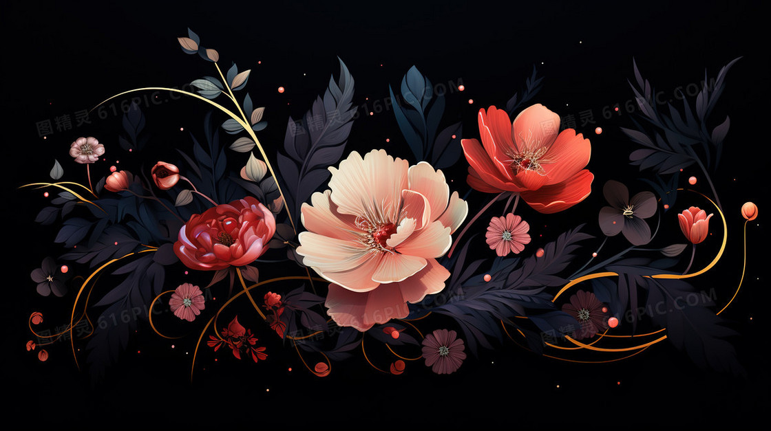 黑色背景花卉精美手绘插画