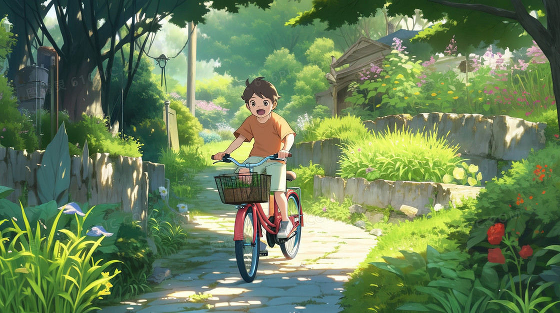 花园小路上骑自行车的男孩插画