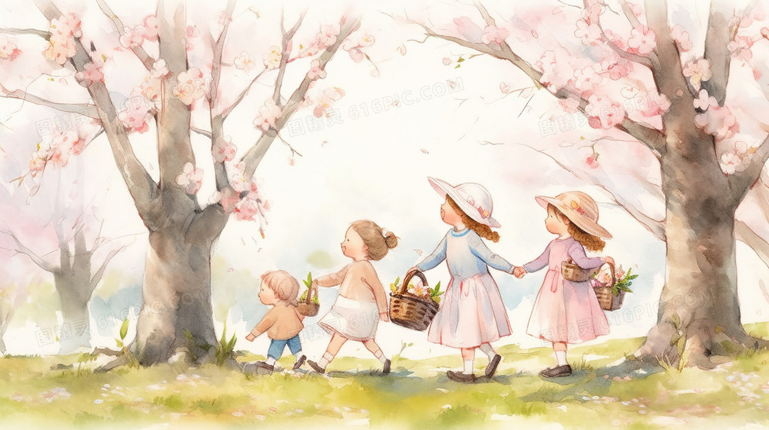 春天粉色花树下结伴的小女孩插画