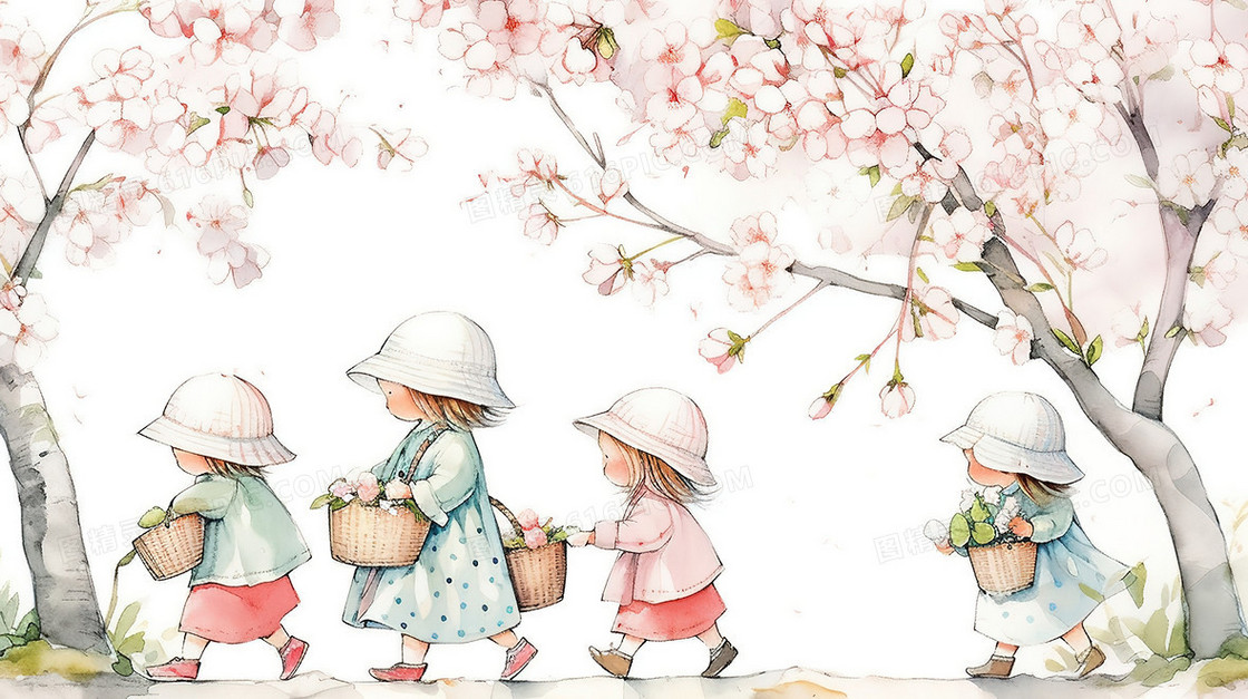 春天粉色花树下结伴的小女孩插画