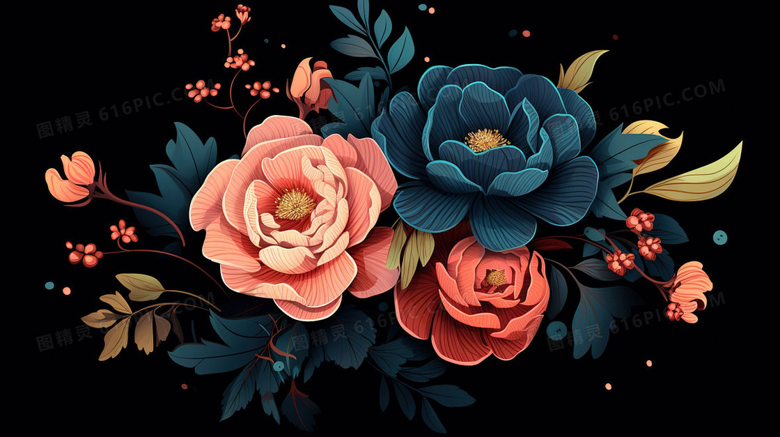 黑色背景花卉精美手绘插画