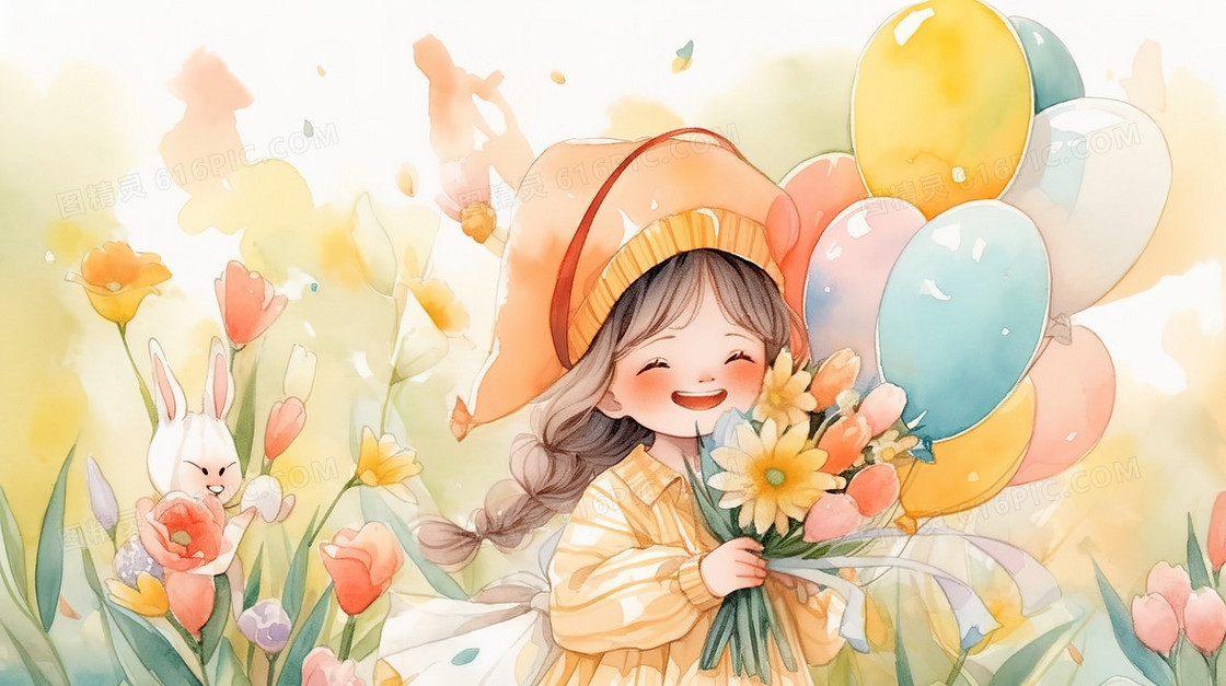 小女孩和花朵水彩晕染插画
