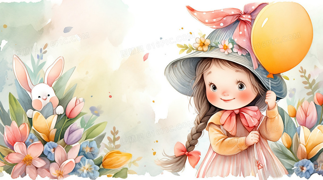 小女孩和花朵水彩晕染插画