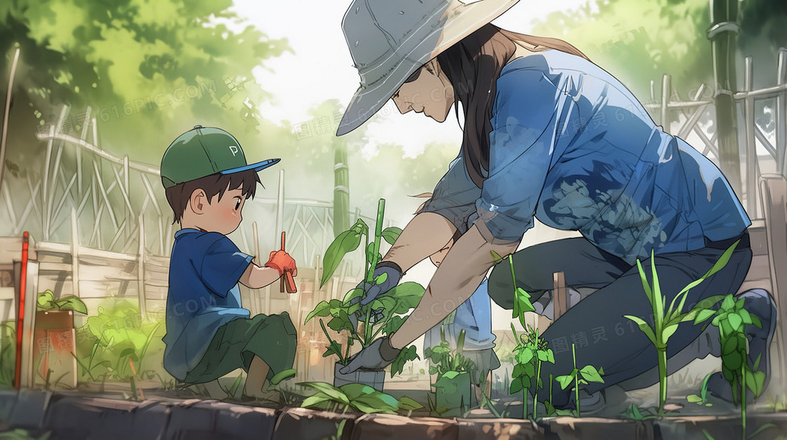 家长带着孩子种植秧苗插画