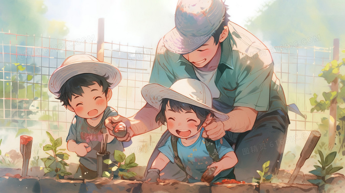 家长带着孩子种植秧苗插画
