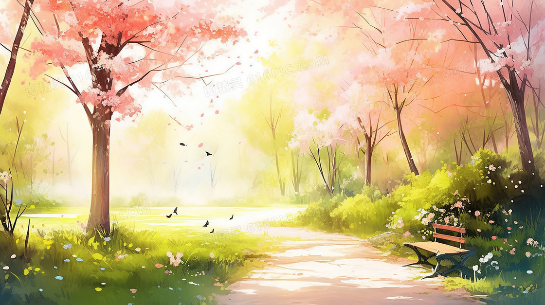 春天粉色花树风景插画