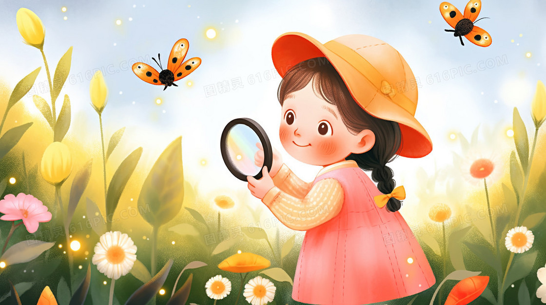 春天花丛中抓昆虫的小女孩插画