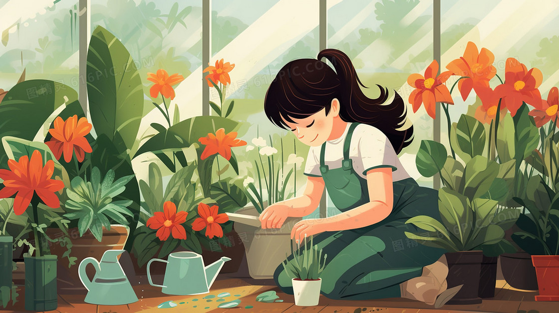 种植绿植盆栽的女孩插画