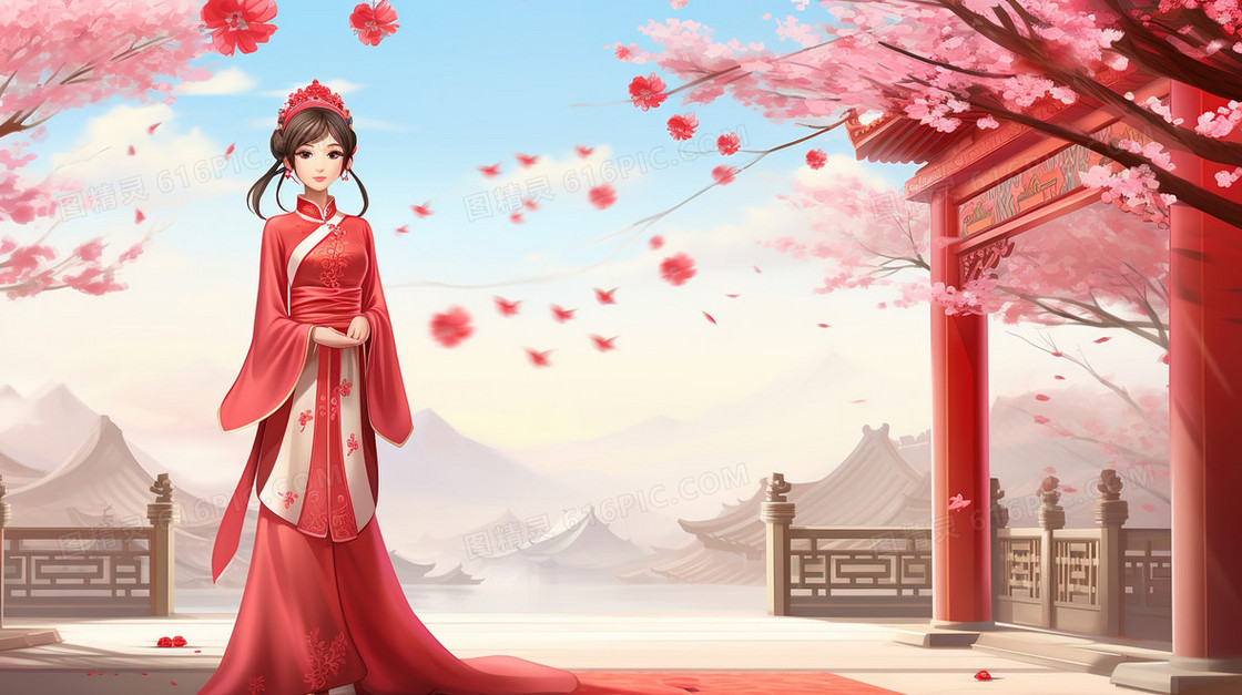中国风粉色花朵下的红衣美人插画