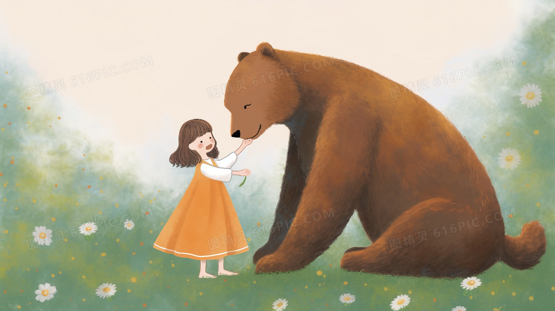 树林里的棕熊和女孩插画
