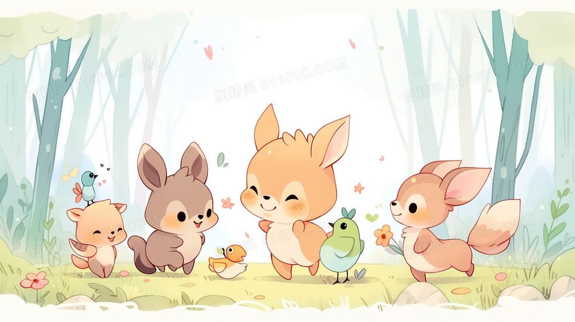 春天森林里的小动物插画