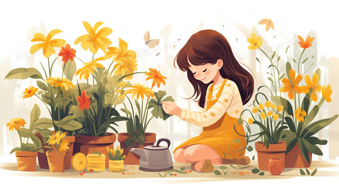 种植绿植盆栽的女孩插画