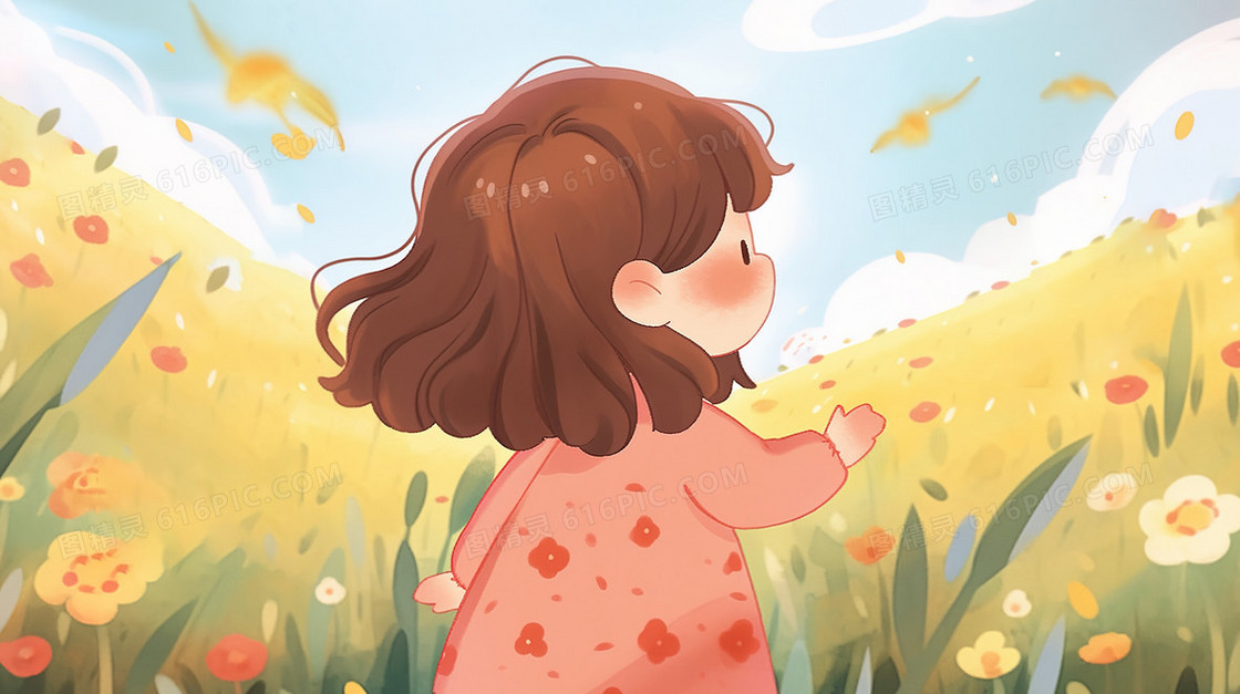 春天花丛中抓昆虫的小女孩插画