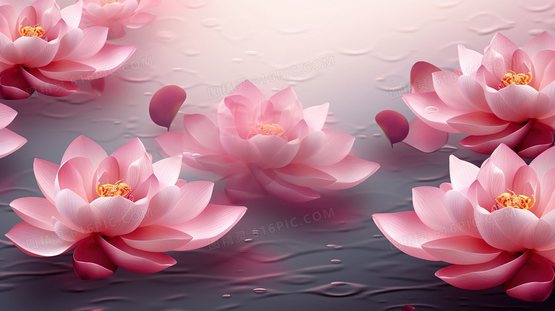 湖面上盛开的粉色莲花插画