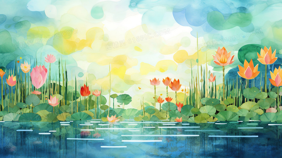 春季山野花海旁的水塘丙烯插画