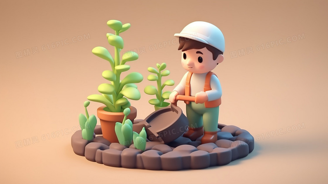 立体3D种植盆栽绿植的园丁插画