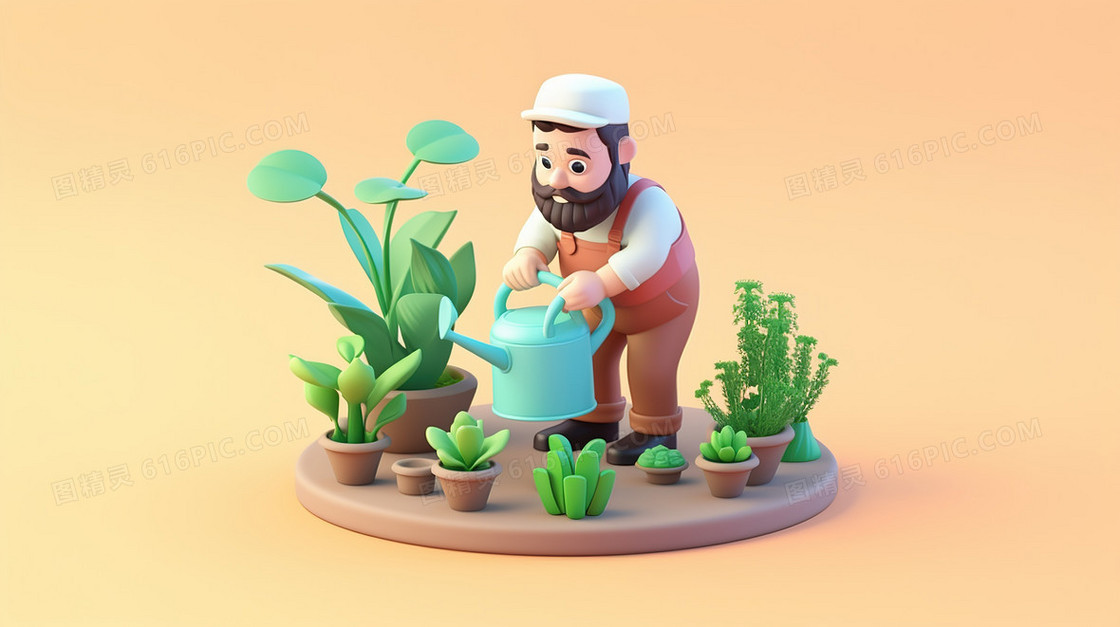 立体3D种植盆栽绿植的园丁插画