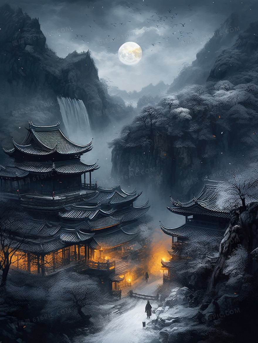 中国风古风山水建筑峡谷节气插画