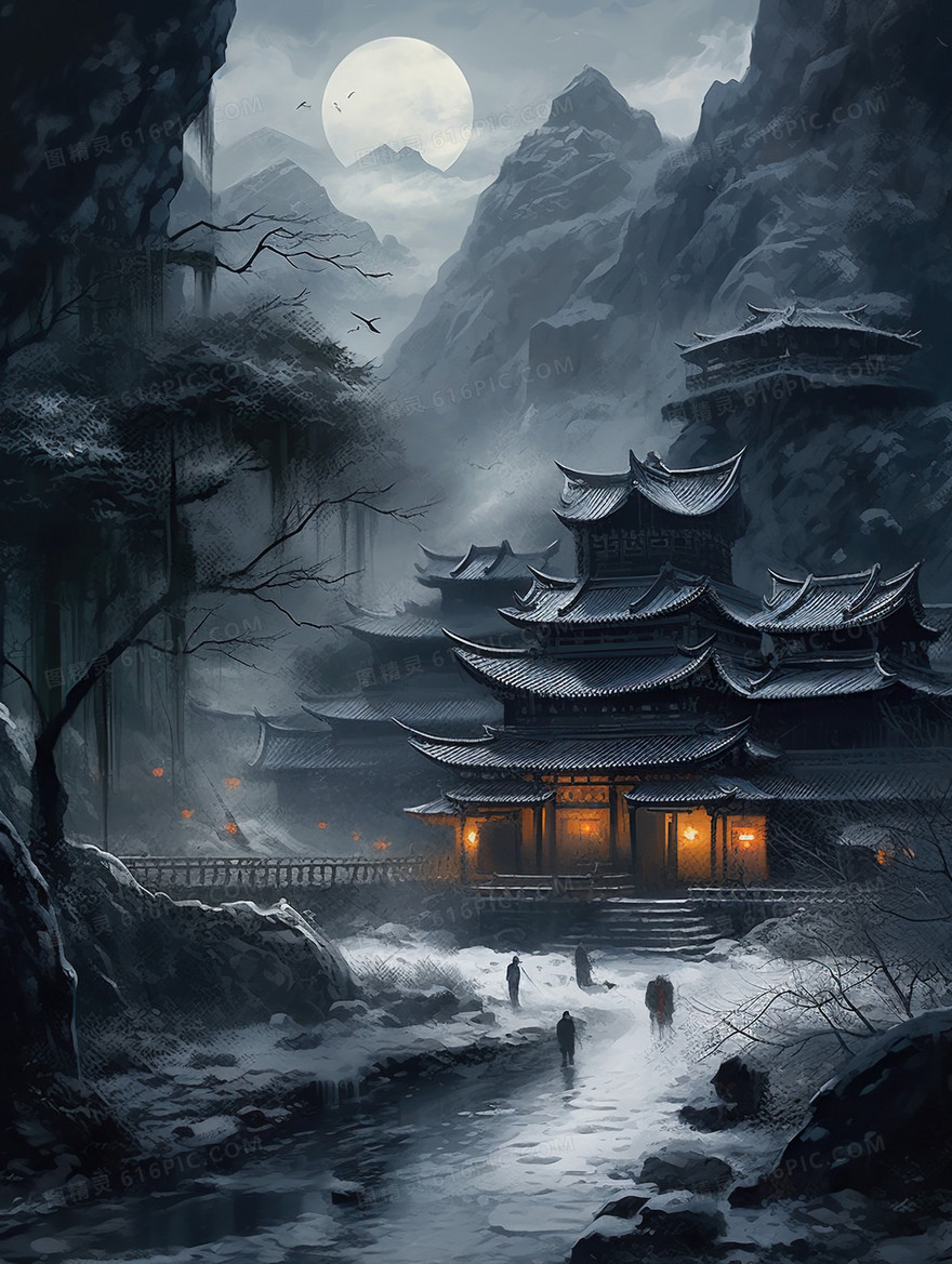 中国风古风山水建筑峡谷节气插画