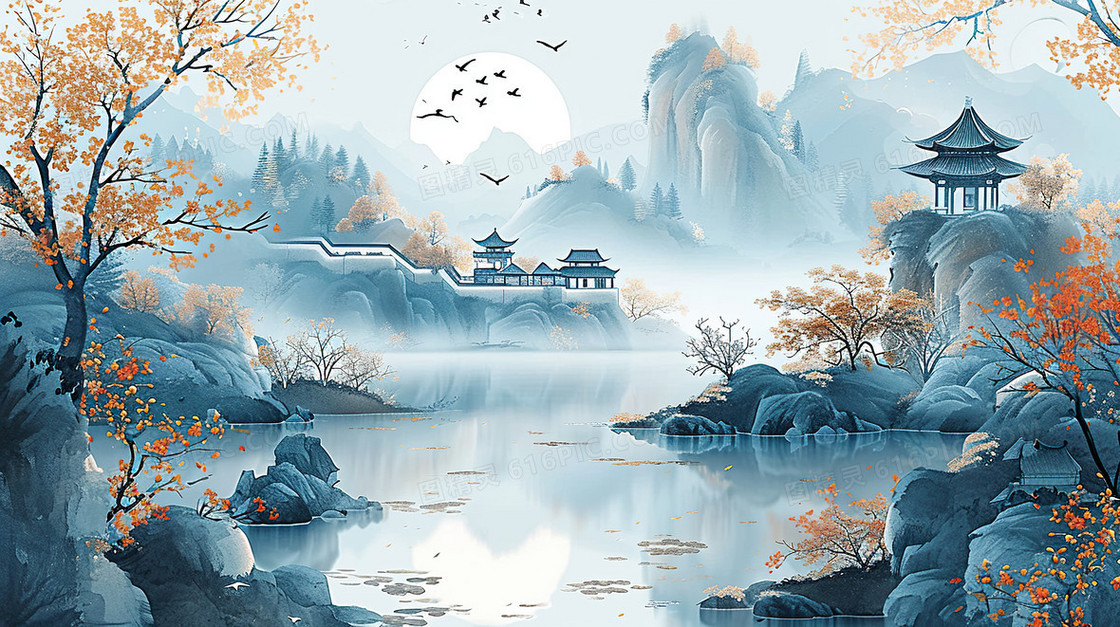 中国风古风山水建筑峡谷插画