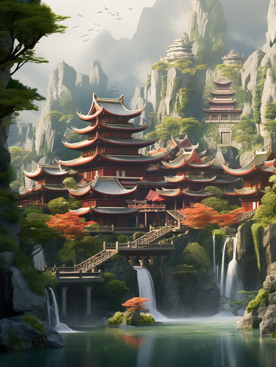 中国风古风山水建筑峡谷插画
