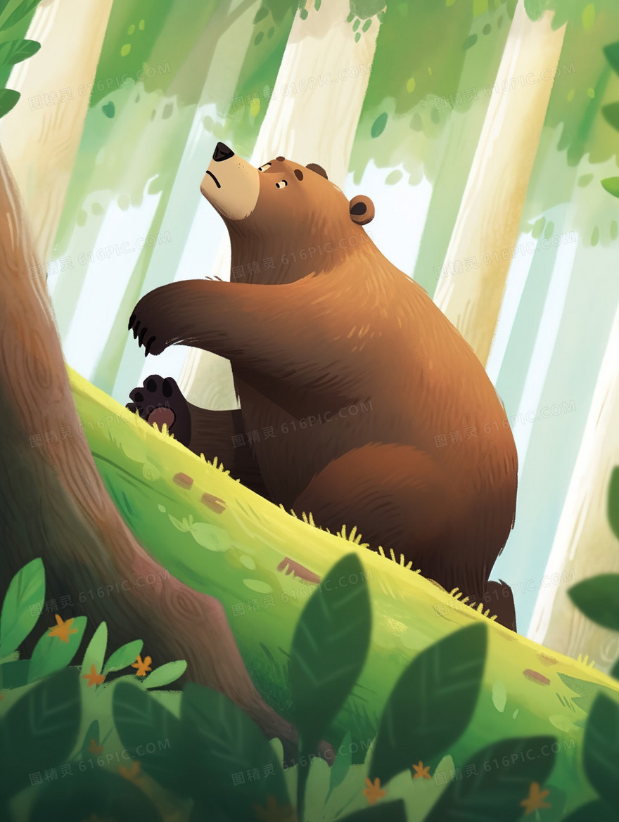 树脚上的大棕熊插画
