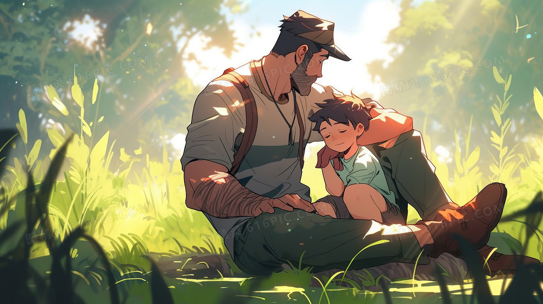 阳光下爸爸搂着儿子坐在草地上插画