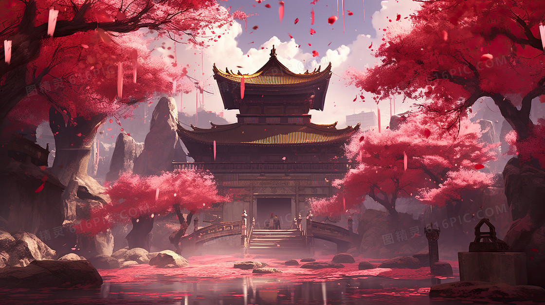 中国风粉色樱花桃花古风建筑节气插画