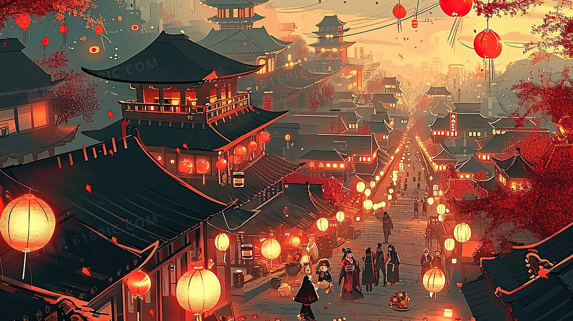 中国风古代街道小巷场景节气插画