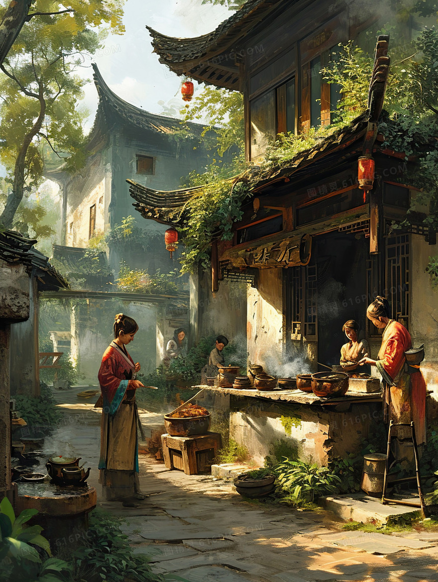 中国风古代街道小巷场景插画