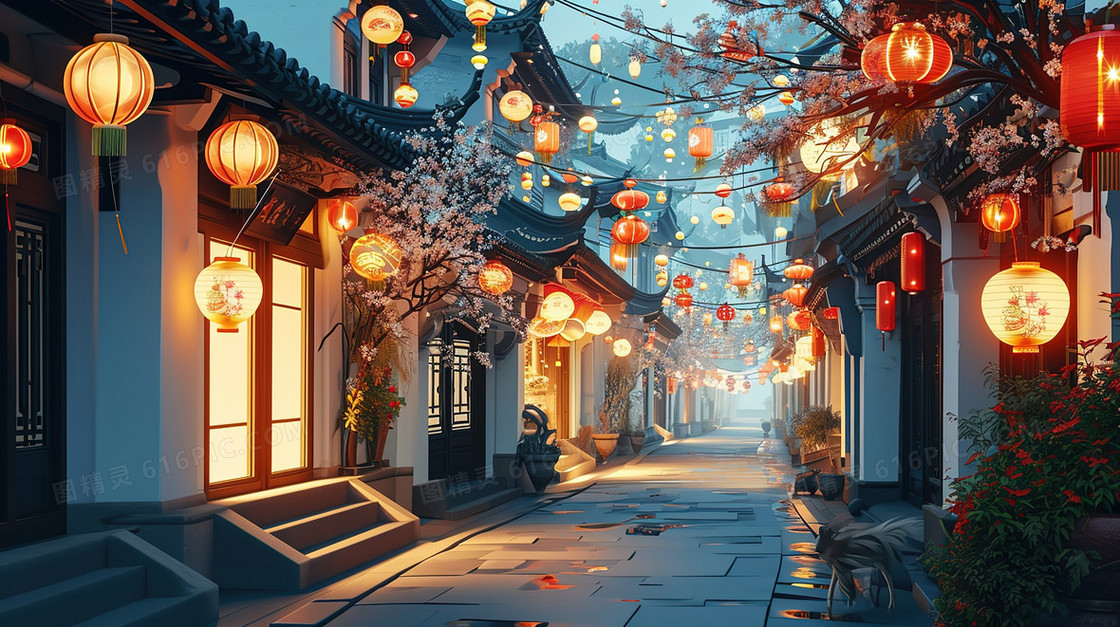 挂满灯笼的中国风古城街道插画