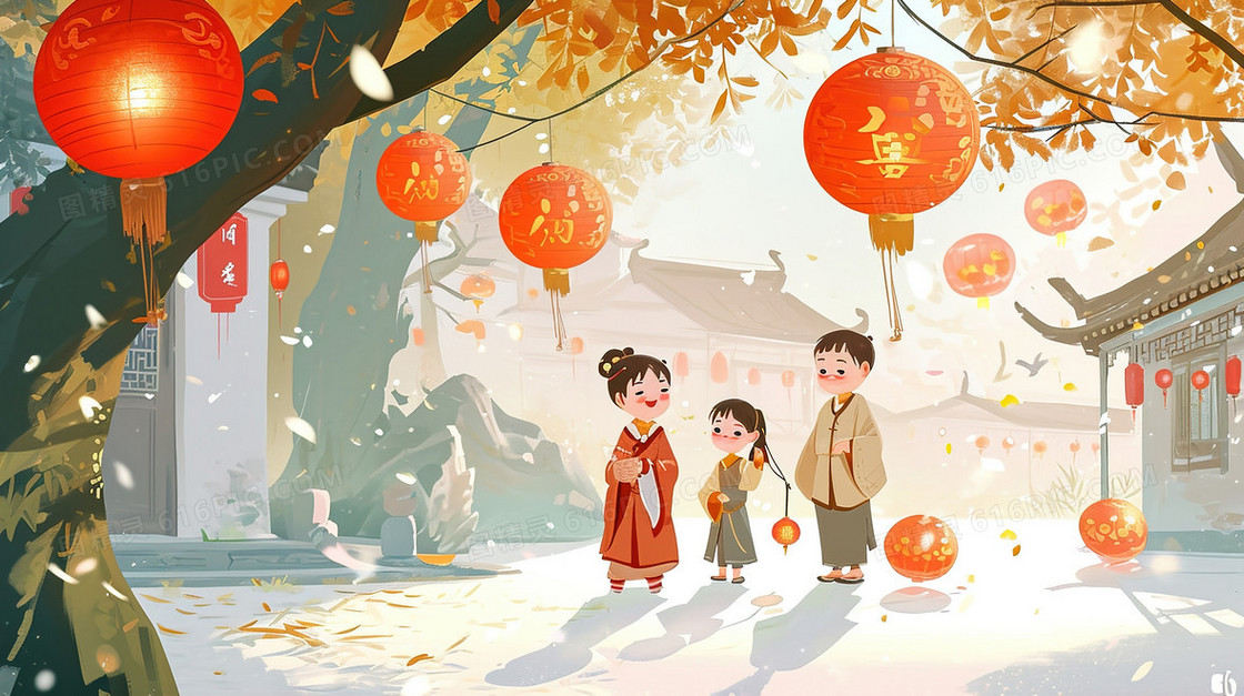 元宵节结伴看灯的人们插画