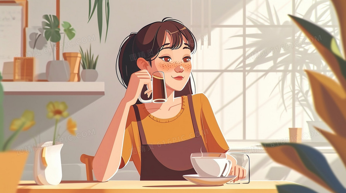 坐在餐厅品尝咖啡的女人插画