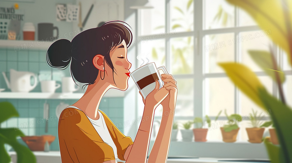 坐在餐厅品尝咖啡的女人插画
