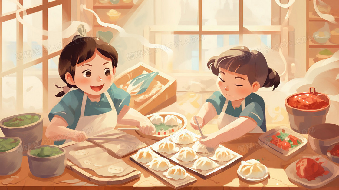 一起制作美食的姐妹俩插画
