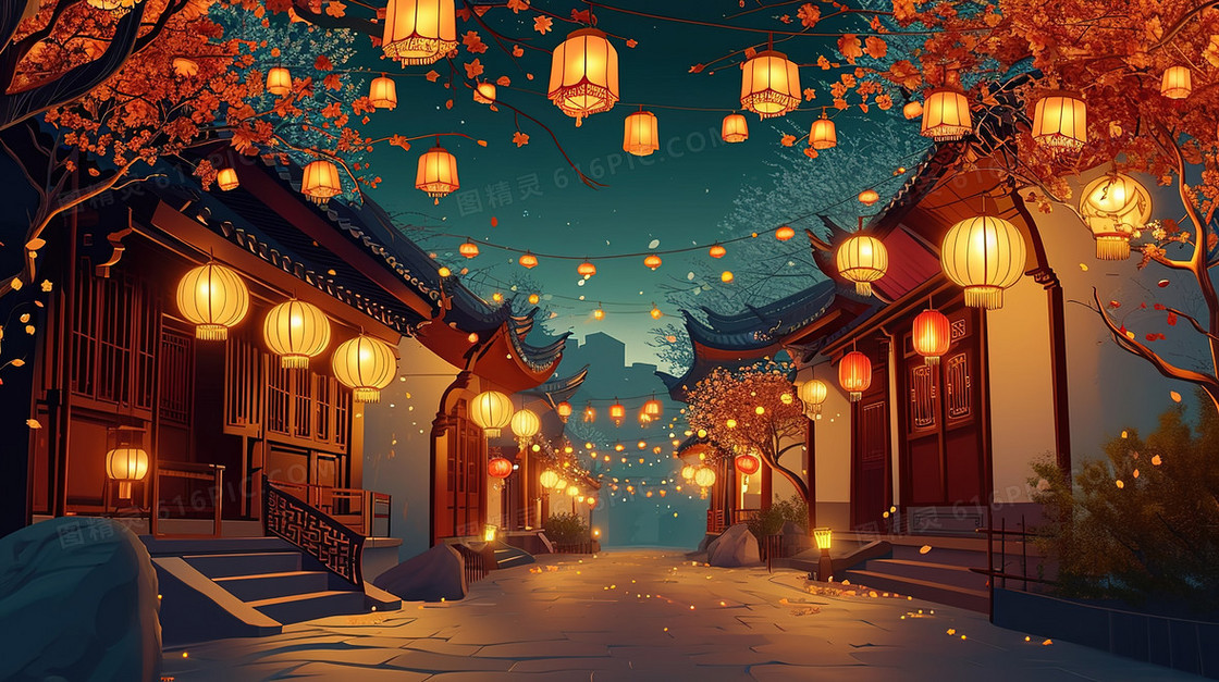 挂满灯笼的中国风古城街道插画