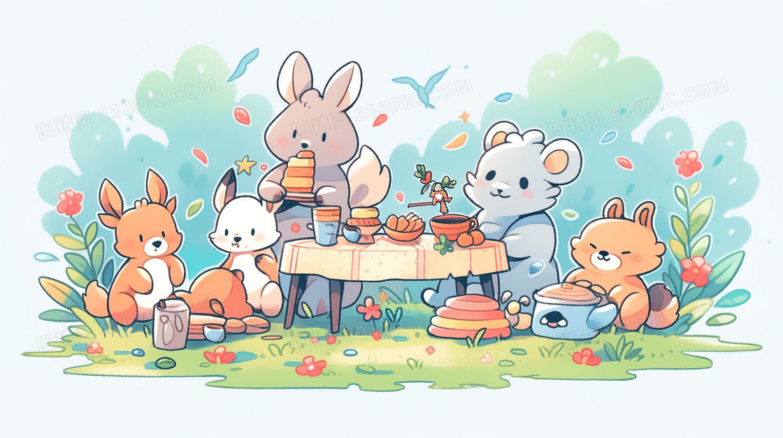 丛林中聚餐享受美食的小动物们插画