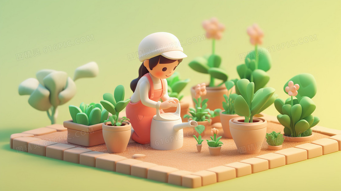 3D花农给盆栽浇水插画