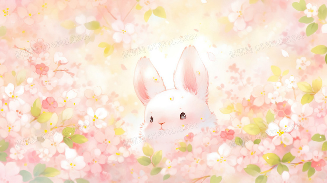 粉色鲜花丛中的小兔子插画