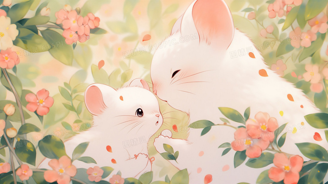 粉色鲜花丛中的两只老鼠插画